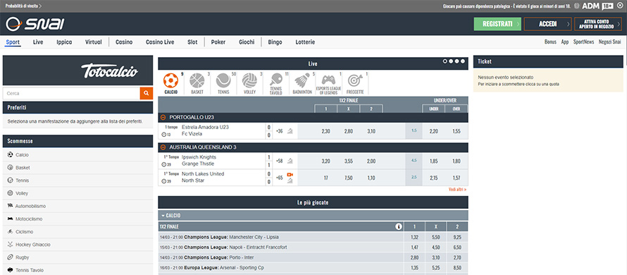 Sito di scommesse sportive SNAI