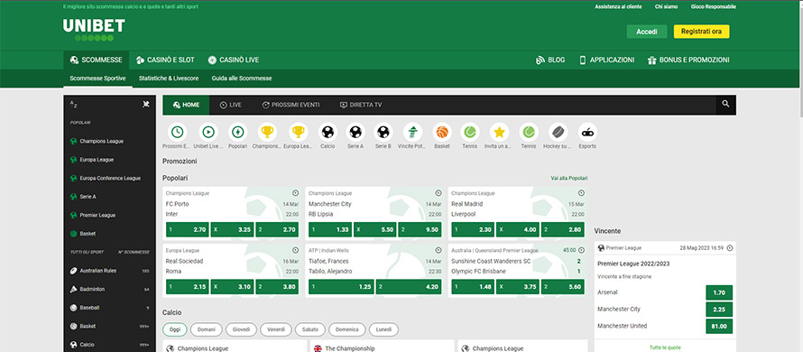 Sito di scommesse sportive Unibet